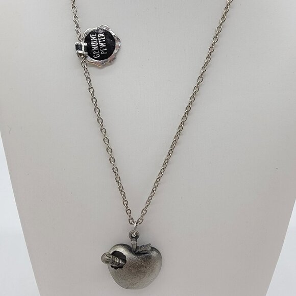 NEW Vintage Pewter Apple Worm Pendant Necklace Genuine Pewter Teacher Gift NWT - Picture 1 of 6